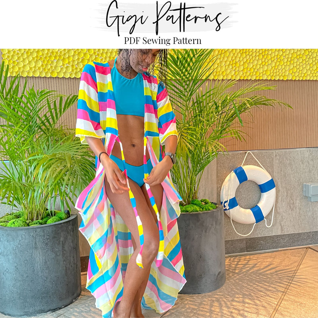 Swimsuit and beach cover-up sewing pattern. Includes a short sleeve cover-up with open front, waist tie, and high-low hem. Swimsuit features a sporty scoop neck top and mid-rise bottom. Digital PDF includes A4, US Letter, and A0 formats. Sizes XS, S, M, L, XL, 2XL, 3XL, 4XL, 5XL. Step-by-step video tutorial included. Beach cover-up pattern, swimwear PDF, fashion designer resortwear.